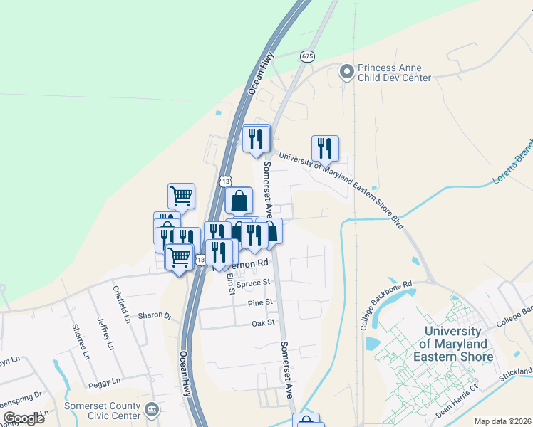 map of restaurants, bars, coffee shops, grocery stores, and more near 12223 Somerset Avenue in Princess Anne