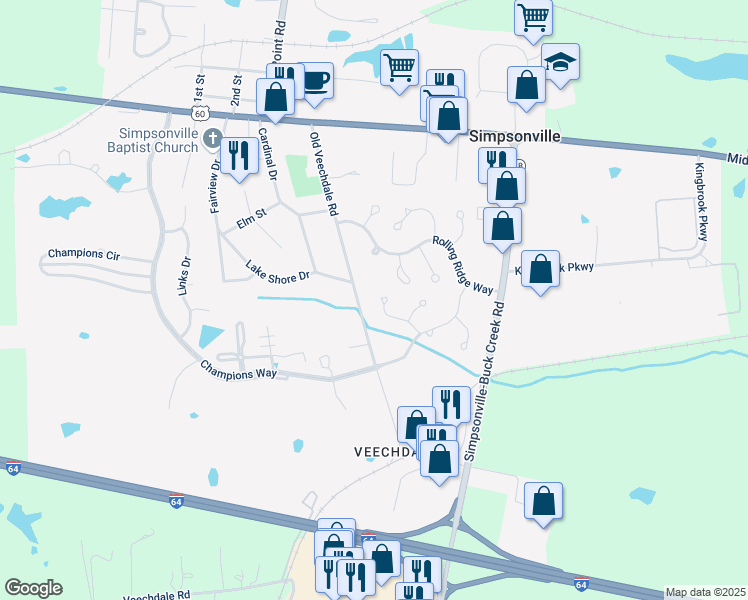 map of restaurants, bars, coffee shops, grocery stores, and more near 221 Old Veechdale Road in Simpsonville