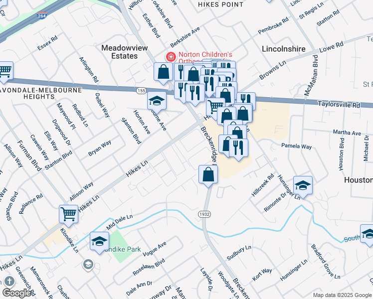 map of restaurants, bars, coffee shops, grocery stores, and more near 312 El Conquistador Place in Louisville