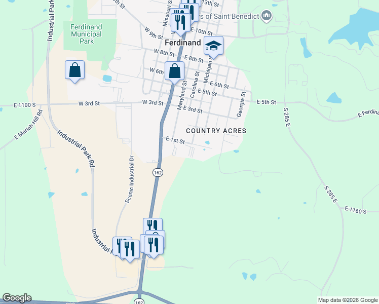 map of restaurants, bars, coffee shops, grocery stores, and more near 252-298 East 1st Street in Ferdinand