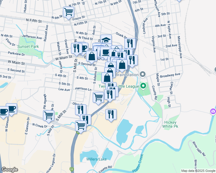 map of restaurants, bars, coffee shops, grocery stores, and more near 68 Brierton Lane in Festus