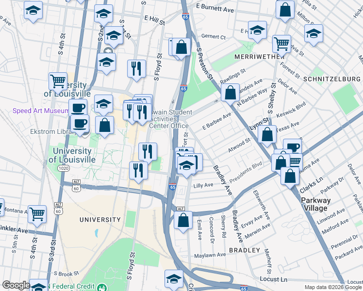 map of restaurants, bars, coffee shops, grocery stores, and more near 2024 Fort Street in Louisville