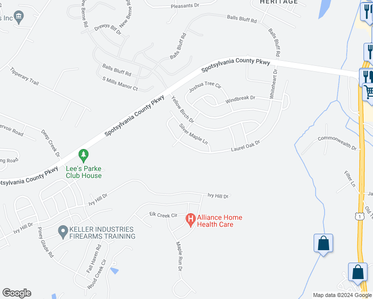 map of restaurants, bars, coffee shops, grocery stores, and more near 9307 Laurel Oak Drive in Fredericksburg