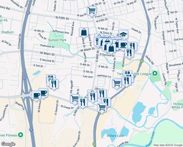 map of restaurants, bars, coffee shops, grocery stores, and more near 405 South 5th Street in Festus