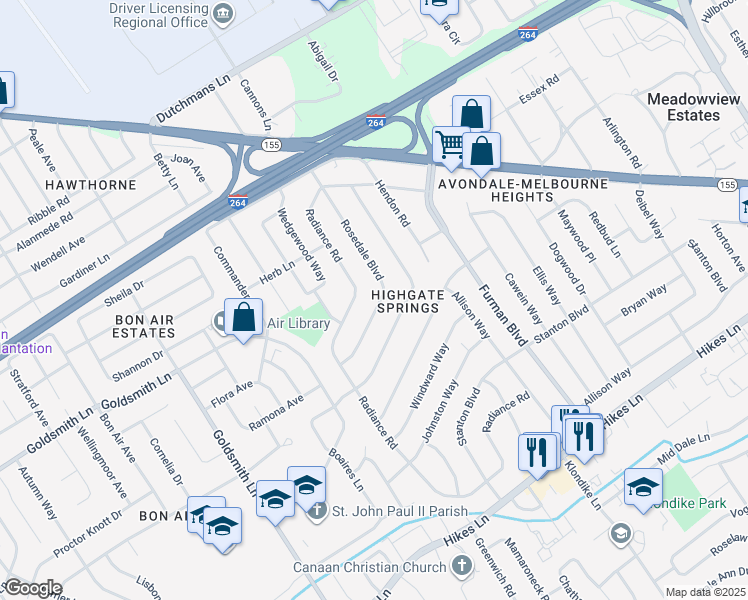 map of restaurants, bars, coffee shops, grocery stores, and more near 3108 Rosedale Boulevard in Louisville