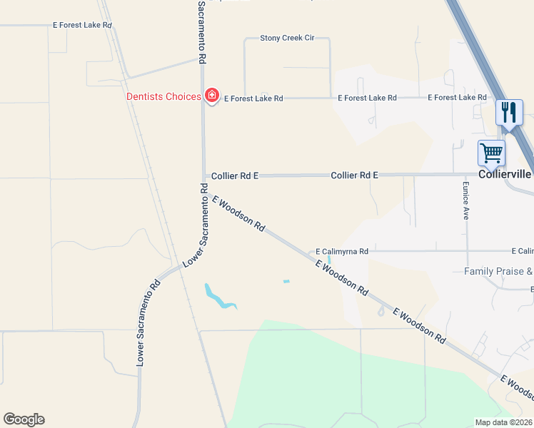 map of restaurants, bars, coffee shops, grocery stores, and more near 2499 East Woodson Road in Acampo