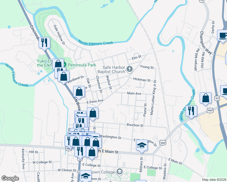 map of restaurants, bars, coffee shops, grocery stores, and more near 414 Walnut Street in Georgetown