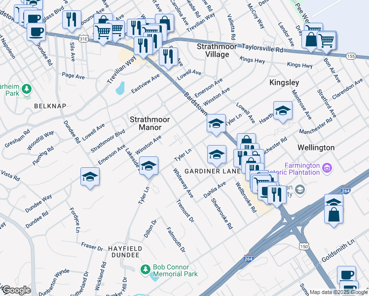 map of restaurants, bars, coffee shops, grocery stores, and more near 2135 Tyler Lane in Louisville