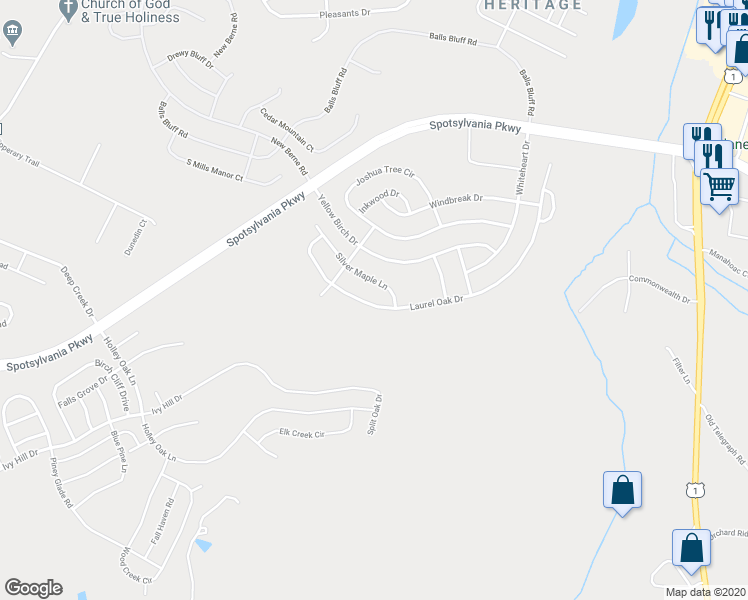 map of restaurants, bars, coffee shops, grocery stores, and more near 9314 Laurel Oak Drive in Fredericksburg