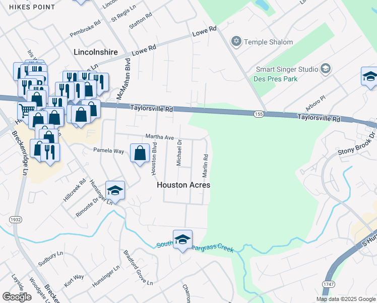 map of restaurants, bars, coffee shops, grocery stores, and more near 3106 Hunsinger Boulevard in Louisville