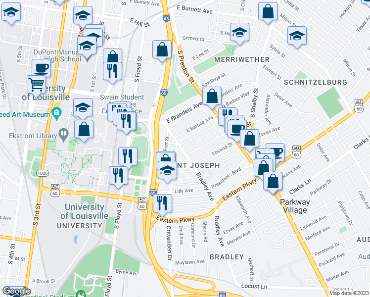 map of restaurants, bars, coffee shops, grocery stores, and more near 2117 Bradley Avenue in Louisville