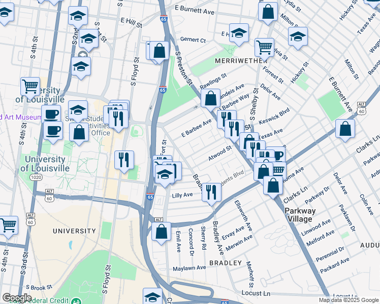 map of restaurants, bars, coffee shops, grocery stores, and more near 2055 Emmet Avenue in Louisville