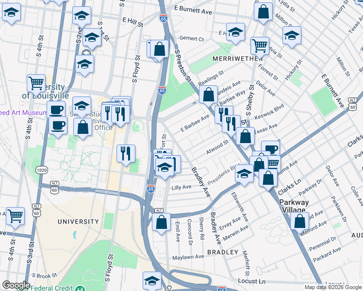 map of restaurants, bars, coffee shops, grocery stores, and more near 508 East Barbee Avenue in Louisville