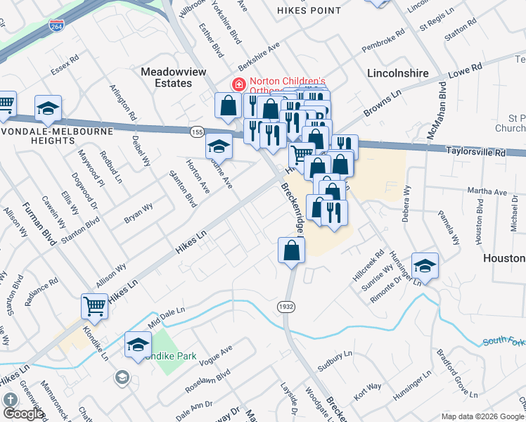 map of restaurants, bars, coffee shops, grocery stores, and more near 312 El Conquistador Place in Louisville