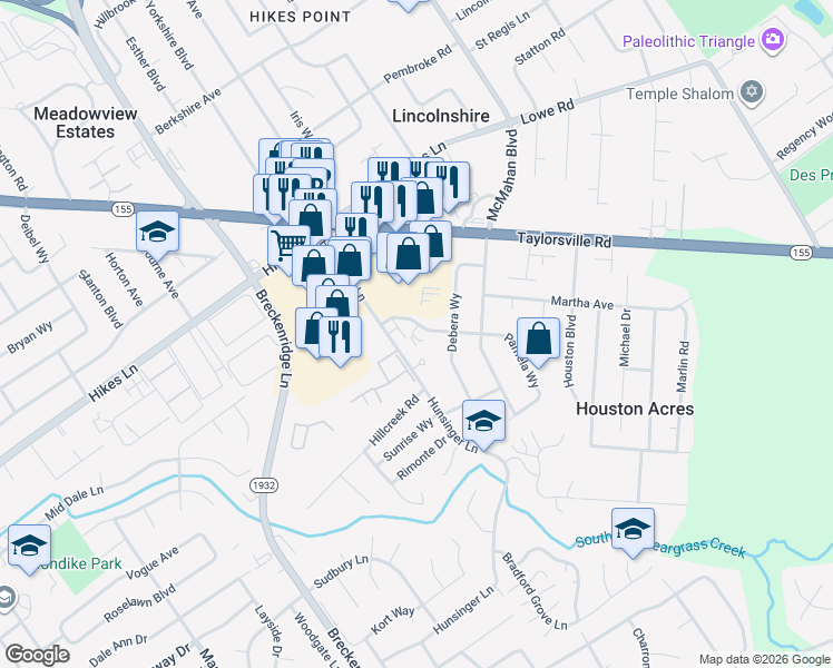 map of restaurants, bars, coffee shops, grocery stores, and more near 3006 Pamela Way in Louisville