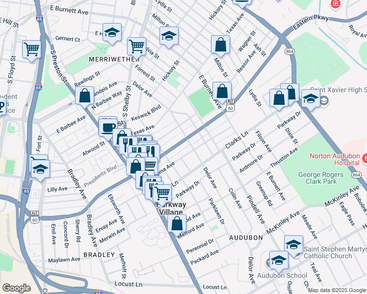 map of restaurants, bars, coffee shops, grocery stores, and more near in Louisville