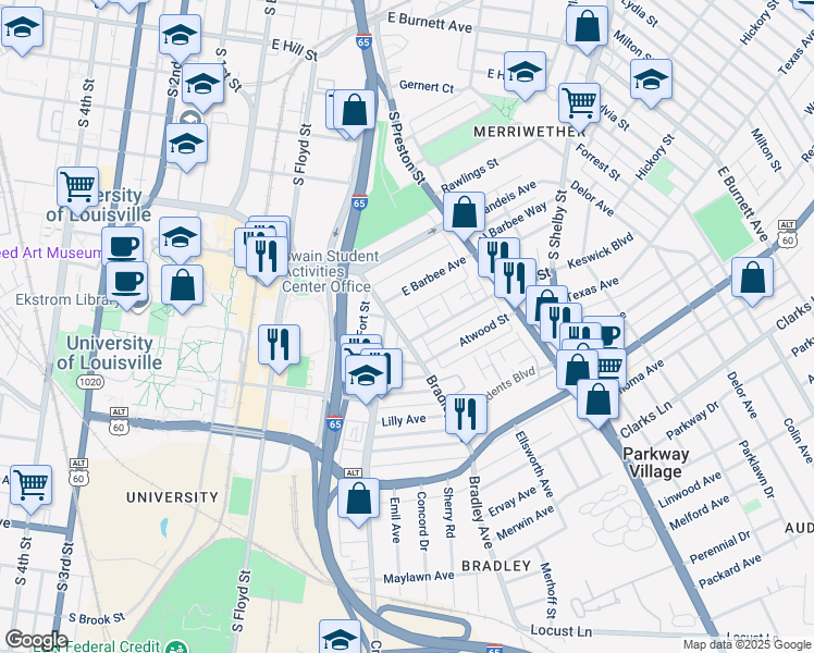 map of restaurants, bars, coffee shops, grocery stores, and more near 2055 Emmet Avenue in Louisville