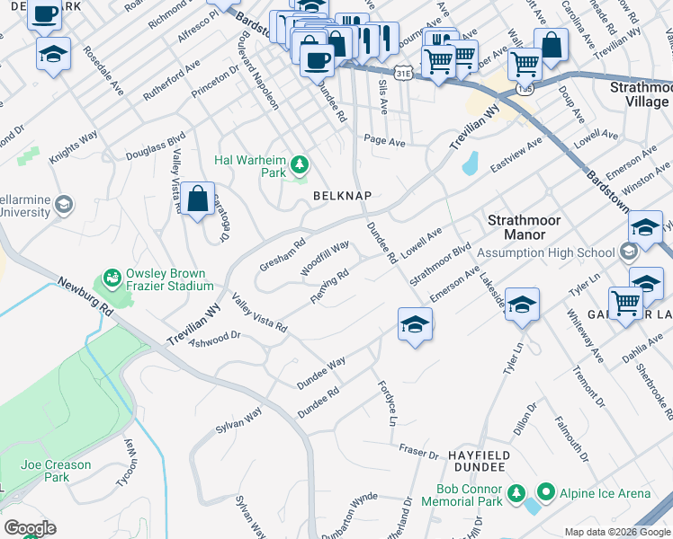 map of restaurants, bars, coffee shops, grocery stores, and more near 1827 Fleming Road in Louisville