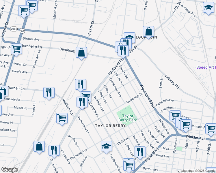 map of restaurants, bars, coffee shops, grocery stores, and more near in Louisville