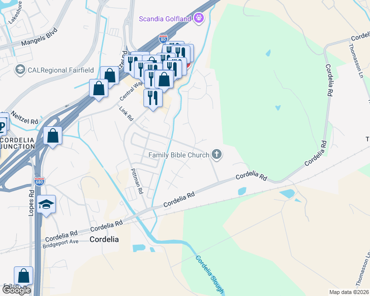 map of restaurants, bars, coffee shops, grocery stores, and more near 4114 Cedar Creek Court in Fairfield