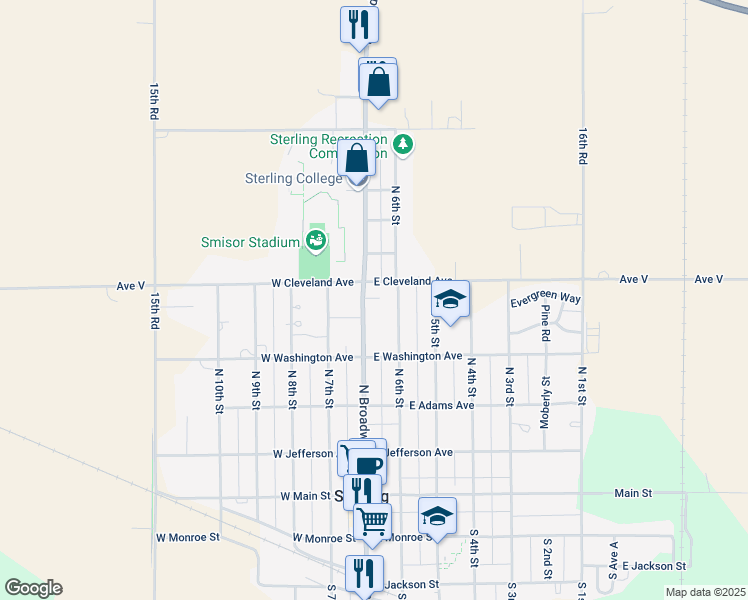 map of restaurants, bars, coffee shops, grocery stores, and more near 101-153 E Cleveland Ave in Sterling