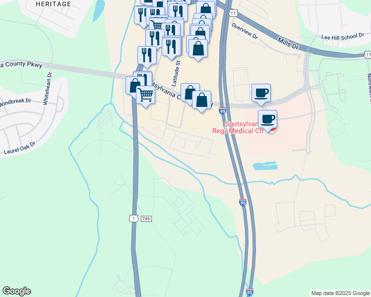map of restaurants, bars, coffee shops, grocery stores, and more near Manahoac Circle in Spotsylvania County