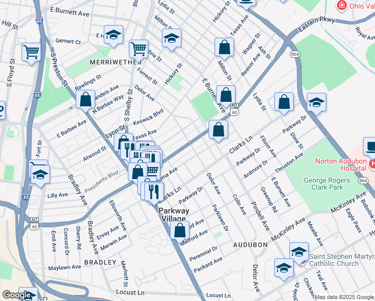map of restaurants, bars, coffee shops, grocery stores, and more near in Louisville