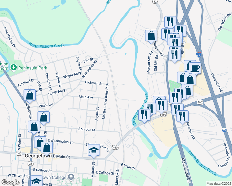 map of restaurants, bars, coffee shops, grocery stores, and more near 101 Bridge Street in Georgetown