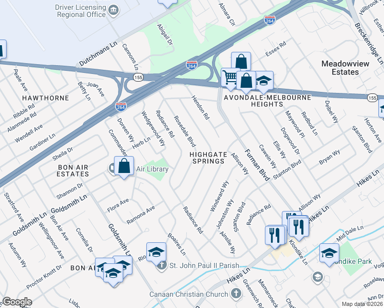 map of restaurants, bars, coffee shops, grocery stores, and more near 3102 Rosedale Boulevard in Louisville