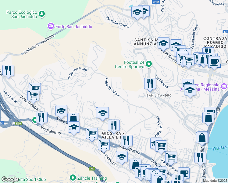 map of restaurants, bars, coffee shops, grocery stores, and more near Via Tremonti in Messina