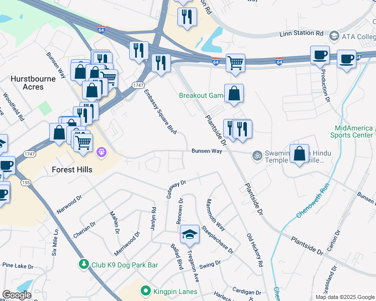 map of restaurants, bars, coffee shops, grocery stores, and more near 9801 Bunsen Parkway in Louisville