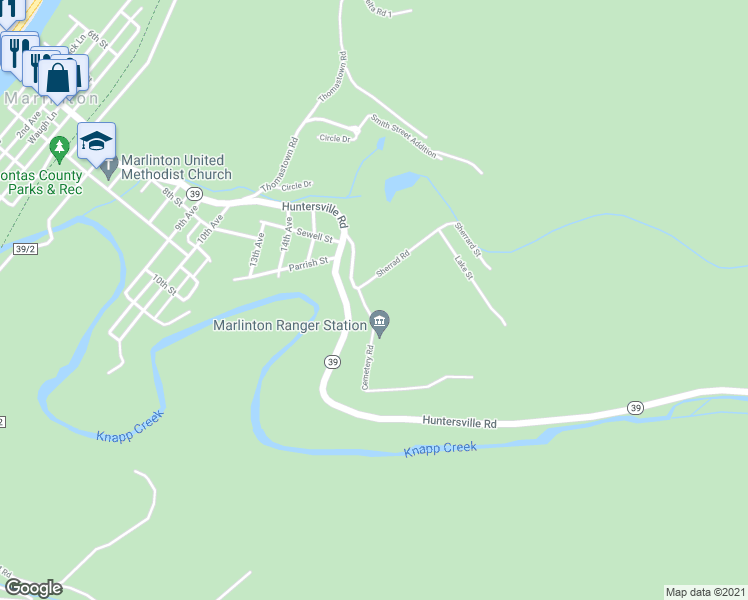 map of restaurants, bars, coffee shops, grocery stores, and more near 1284 Huntersville Road in Marlinton