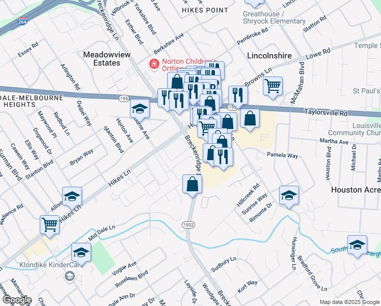 map of restaurants, bars, coffee shops, grocery stores, and more near 3043 Breckenridge Lane in Louisville