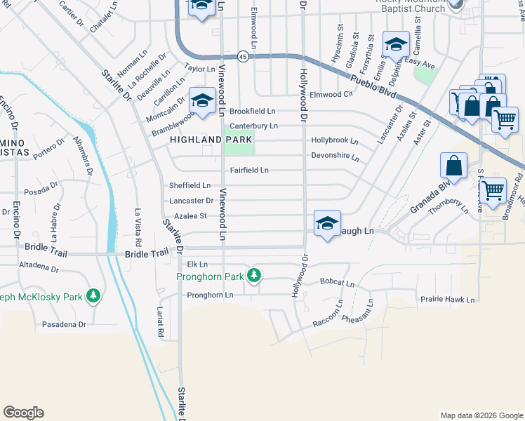 map of restaurants, bars, coffee shops, grocery stores, and more near 3732 Lancaster Dr in Pueblo