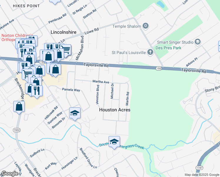 map of restaurants, bars, coffee shops, grocery stores, and more near 3101 Michael Drive in Louisville