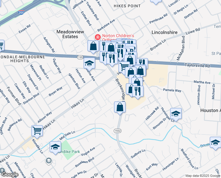 map of restaurants, bars, coffee shops, grocery stores, and more near 312 El Conquistador Place in Louisville