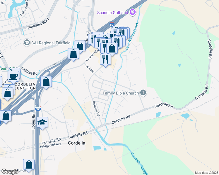 map of restaurants, bars, coffee shops, grocery stores, and more near 4322 Spring Creek Court in Fairfield