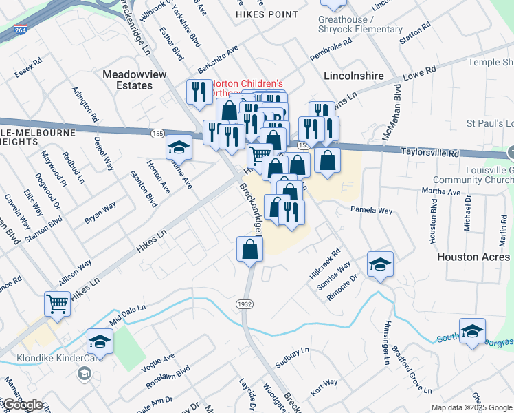 map of restaurants, bars, coffee shops, grocery stores, and more near 3043 Breckenridge Lane in Louisville