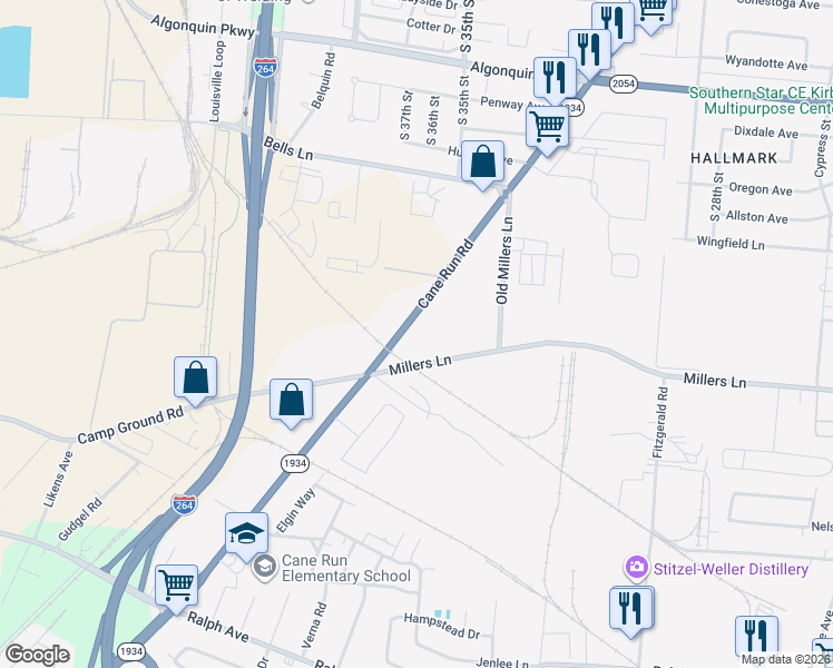 map of restaurants, bars, coffee shops, grocery stores, and more near 3709 Cane Run Road in Louisville