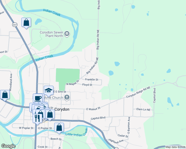 map of restaurants, bars, coffee shops, grocery stores, and more near 91 Big Indian Road Northeast in Corydon