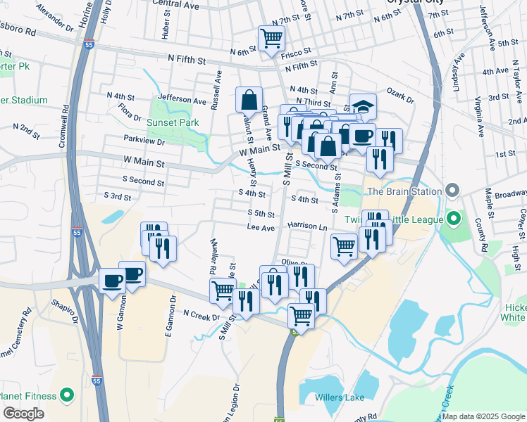 map of restaurants, bars, coffee shops, grocery stores, and more near 405 South 5th Street in Festus