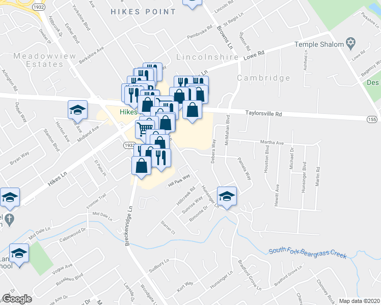 map of restaurants, bars, coffee shops, grocery stores, and more near 3006 Pamela Way in Louisville