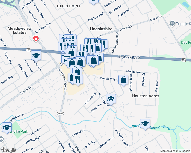 map of restaurants, bars, coffee shops, grocery stores, and more near 3006 Pamela Way in Louisville