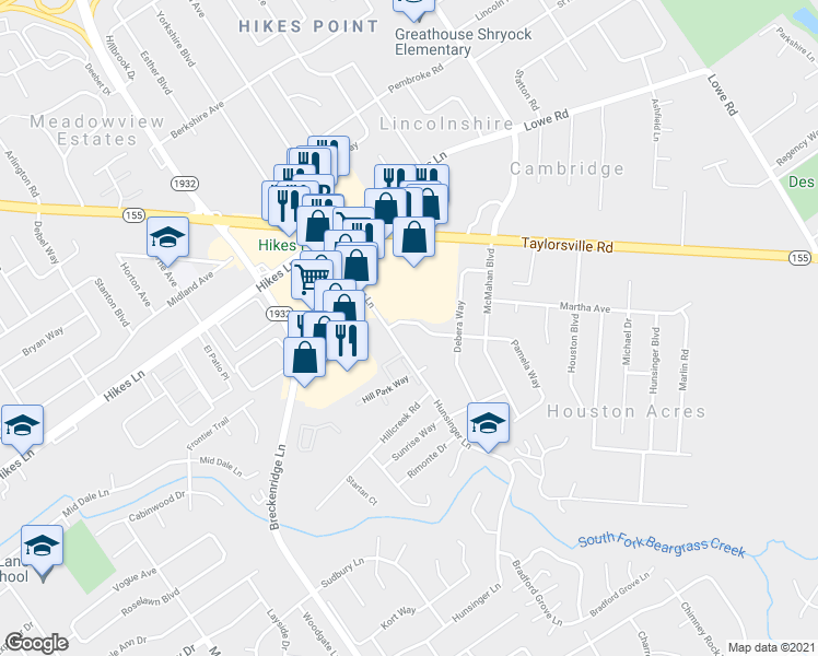 map of restaurants, bars, coffee shops, grocery stores, and more near 3006 Pamela Way in Louisville