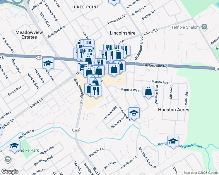 map of restaurants, bars, coffee shops, grocery stores, and more near 3006 Pamela Way in Louisville