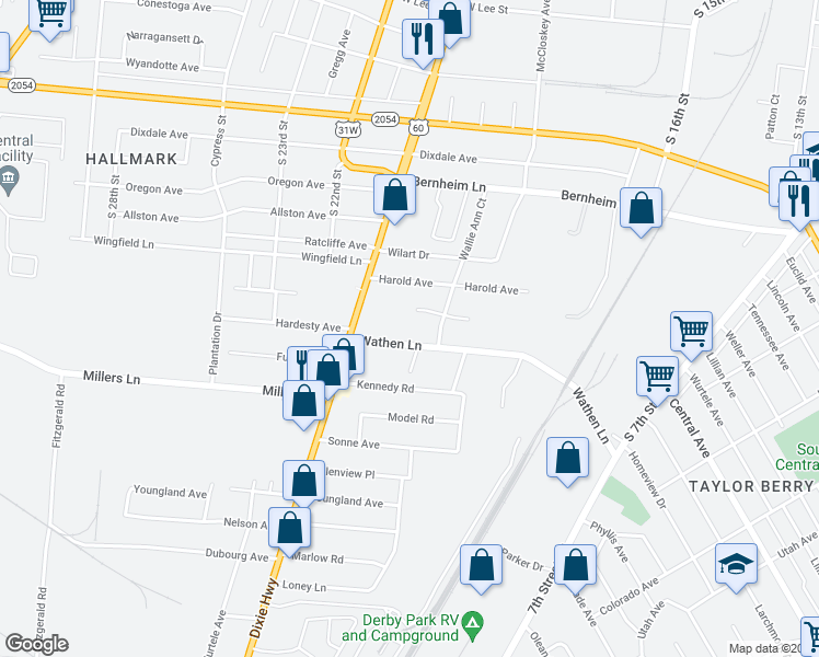 map of restaurants, bars, coffee shops, grocery stores, and more near 1704 Adelia Avenue in Louisville
