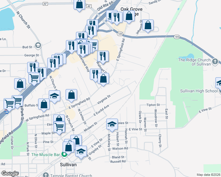 map of restaurants, bars, coffee shops, grocery stores, and more near 280 East Springfield Road in Sullivan