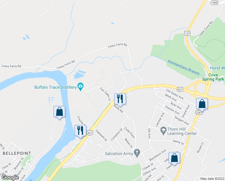 map of restaurants, bars, coffee shops, grocery stores, and more near 1001 Wilkinson Boulevard in Frankfort