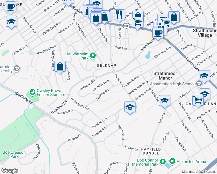 map of restaurants, bars, coffee shops, grocery stores, and more near 1827 Fleming Road in Louisville