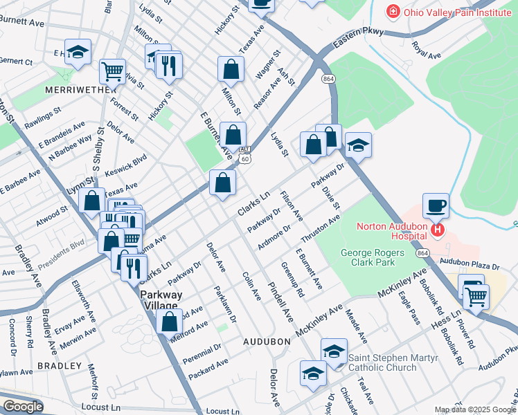 map of restaurants, bars, coffee shops, grocery stores, and more near 926 Clarks Lane in Louisville